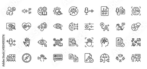 Cognitive and sensory perception line icon set. Vector pictograms of hearing, sight, learning, brain, and accessibility, thin linear illustration.