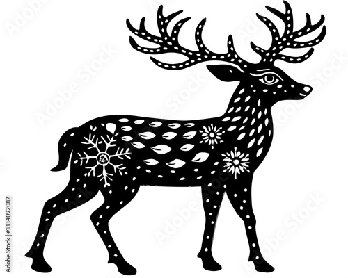 Stylized black deer silhouette with snowflake and floral patterns