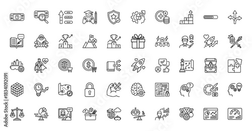 Strategy, education, and technology line icon set. Vector pictograms of gaming, graduation, finance, and puzzle elements, thin linear illustration.