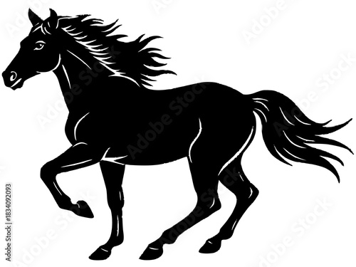 Elegant black silhouette of a galloping horse with flowing mane and tail