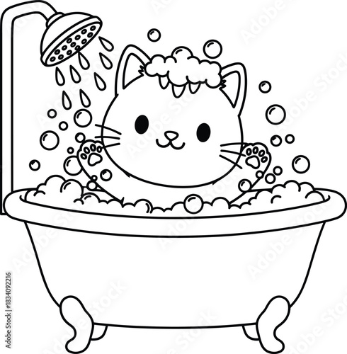 Cute cartoon cat taking a bubble bath in bathtub with shower water, foam and soap bubbles in adorable outline vector illustration