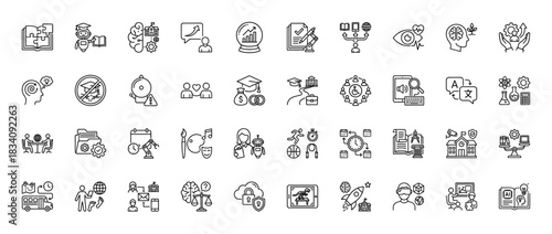 Education, technology, and business line icon set. Vector pictograms of science, learning, innovation, and development concepts, thin linear illustration.