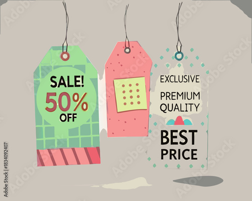 Sale tags with fifty percent off and premium quality offers