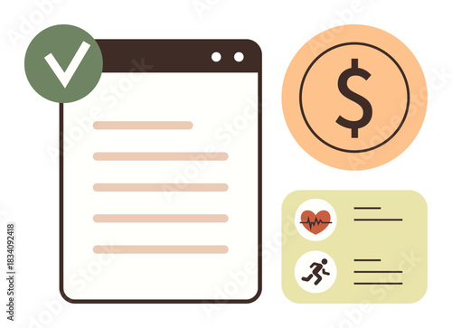 Checklist document with green approval tick, dollar sign in circle, and activity tracker displaying heart rate and running icon. Ideal for productivity, finance, health, organization, planning