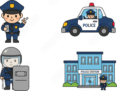 Cute police officer, patrol car, police station, riot officer, law enforcement icons, safety security symbols for kids education artwork