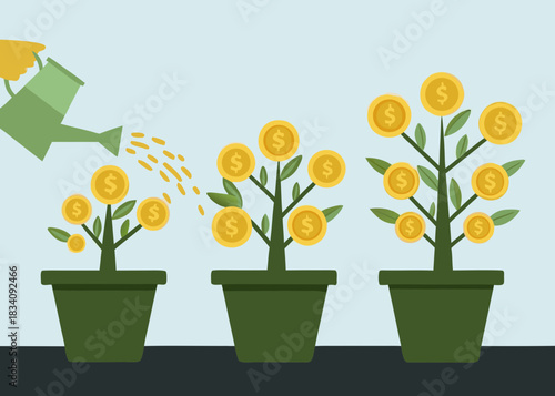 Money trees growing and being watered symbolizing financial growth and investment