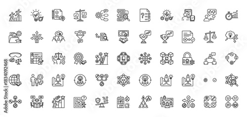Business and strategy line icon set. Vector pictograms of growth, idea, contract, analysis, and success, thin linear illustration.