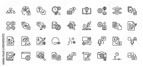 Artificial intelligence and machine learning line icon set. Vector pictograms of research, algorithm, data, document, and study, thin linear illustration.