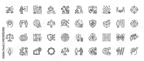 Artificial intelligence and technology line icon set. Vector pictograms of robotics, machine learning, and automation concepts, thin linear illustration.