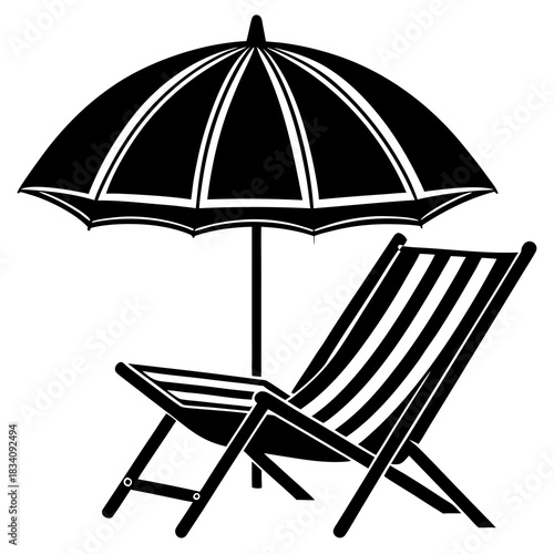 Black and white illustration of a beach chair and umbrella