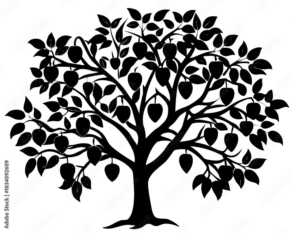 Obraz premium Black silhouette of a fruit tree with leaves and apples