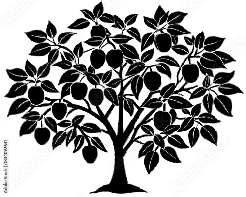 Black silhouette of a fruit tree with ripe fruits and leaves