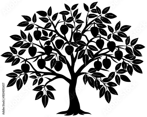 Black silhouette of a fruit tree with leaves and ripe fruits