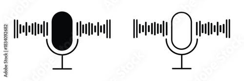 Microphone icon with sound wave symbol. Voice Recording and Audio Input Interface. Sound Control and Recording sign. Podcast Studio or Speaking Broadcast symbols. Set of microphones with sound waves 