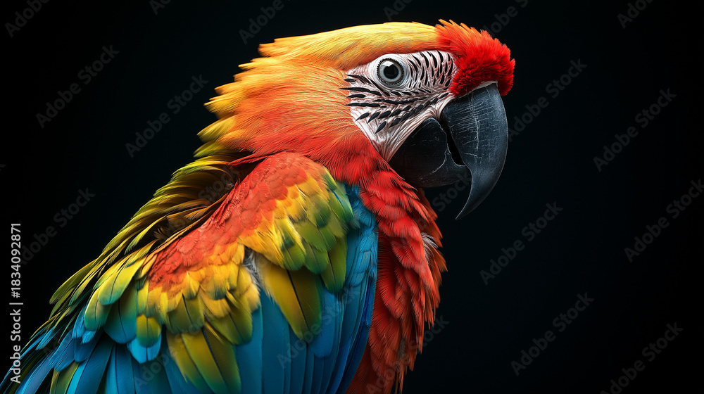 Fototapeta premium AI generator image of colorful parrot perched on a branch, a tropical bird with brightly colored feathers. macro animals