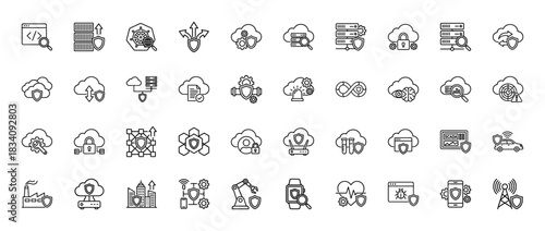 Cloud computing and cybersecurity line icon set. Vector pictograms of server, shield, data protection, and smart devices, thin linear illustration.