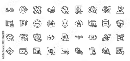Cybersecurity and data protection line icon set. Vector pictograms of lock, shield, key, hacker, cloud, GDPR, server, copyright, and firewall, thin linear illustration.