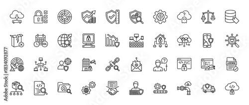 Cyber security line icon set. Vector pictograms of cloud storage, locked computer, target, and data protection, thin linear illustration.