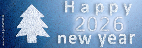 Christmas Tree from Snow on blue background. Happy New Year 2026 Background. Holiday, Winter, Card, Congratulation. Panoramic banner.