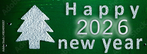 Christmas Tree from Snow on Green background. Happy New Year 2026 Background. Holiday, Winter, Card, Congratulation. Panoramic banner.