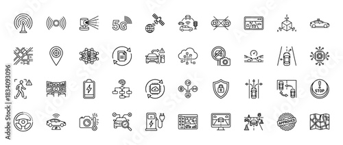 Autonomous driving line icon set. vector pictograms of sensor, radar, satellite, 5g, car, steering wheel, battery, and navigation, thin linear illustration.