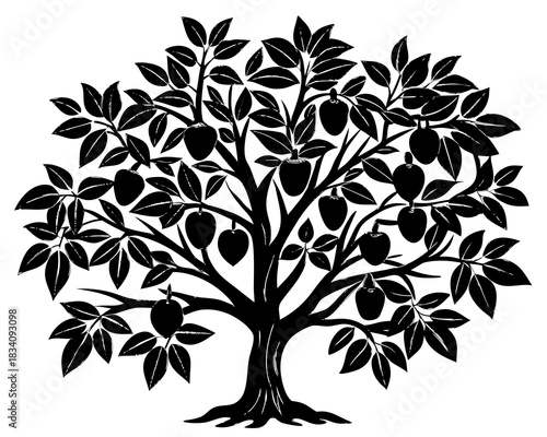 Black silhouette of a fruit tree laden with ripe fruits and leaves