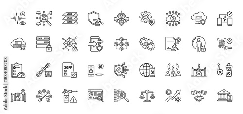 5G network security line icon set. Vector pictograms of cloud shield, blockchain, firewall, fingerprint, robot, server lock, privacy, antenna, thin linear illustration.