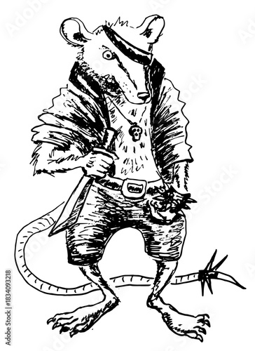 Brutal rat gangster with a knife and brass knuckles. Vector hand drawn illustration, black sketch.