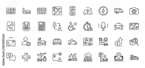 Transportation and logistics line icon set. Vector pictograms of car controls, taxi, navigation, and delivery van, thin linear illustration.
