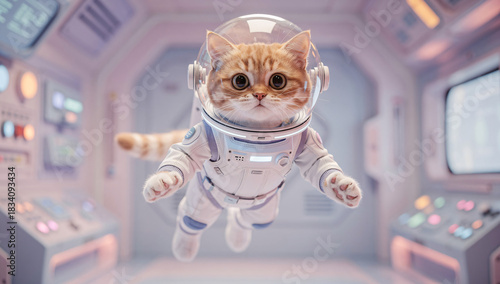 Astronaut Kitten Floating in Spacecraft