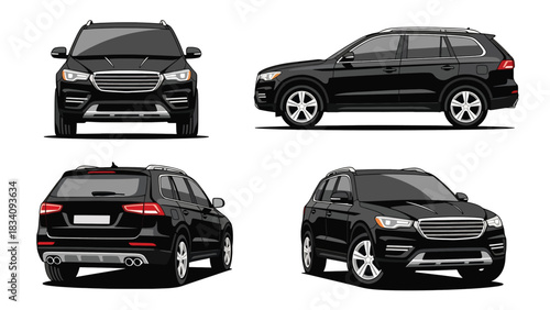 Vector art of a modern midsize SUV shown from multiple angles, emphasizing its refined design, spacious build, and family-friendly versatility for automotive marketing, travel, and lifestyle concepts