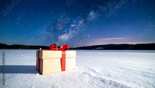 A gift box with red ribbon sits on snow under a starry sky, blurred background landscape