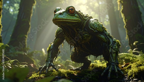 A gigantic, muscular frog-like creature lumbers through a dense, sunlit forest