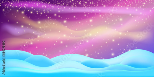 Realistic cartoon Christmas snow hills with falling snowflakes and northern lights background. Winter wide landscape design element with blue snow. Minimal north pole composition with snowy fields