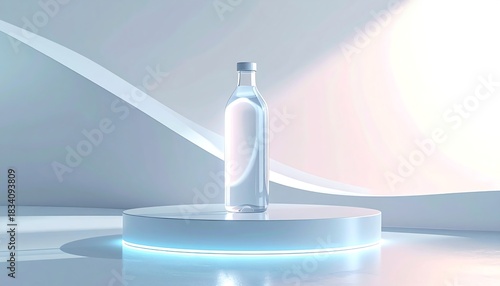 A glass bottle on a glowing platform with a wavy white background, bathed in light, creating a clean, modern aesthetic