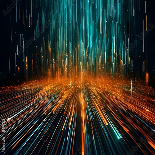 Dynamic streaks of teal and orange emanate from a central point against a dark background, creating depth