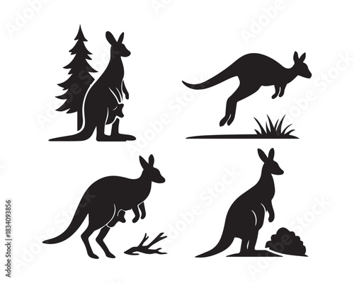 kangaroo in forest trees, jumping across a safari grassland, mother kangaroo with joey in pouch vector silhouettes illustration design set collection, kangaroo family vector