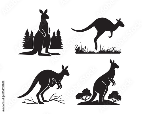 kangaroo in forest trees, jumping across a safari grassland, mother kangaroo with joey in pouch vector silhouettes illustration design set collection, kangaroo family vector