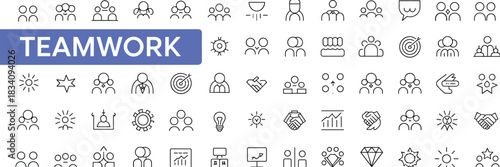 Teamwork icon set, collaboration symbols, business cooperation graphics, leadership and partnership icons, corporate communication illustration, group unity concepts design collection