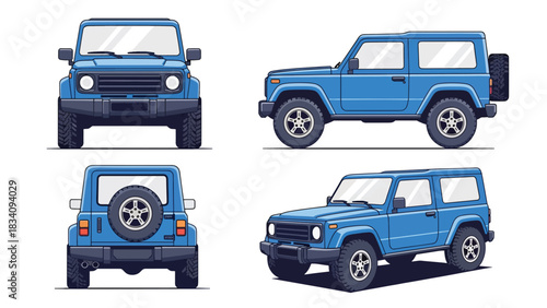 Vector art of a rugged off-road SUV shown from multiple angles, highlighting its durable build, elevated stance, and adventure-ready features for outdoor, travel, and automotive marketing concepts