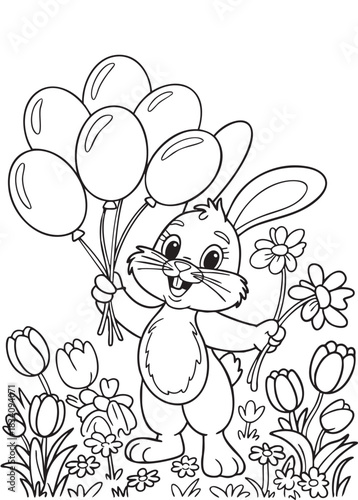 Cute bunny holds balloons in a garden with flowers during a sunny day while children prepare for a fun party celebration. Coloring page