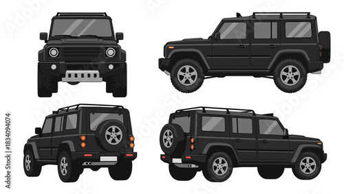 Vector art of a rugged off-road SUV shown from multiple angles, highlighting its durable build, elevated stance, and adventure-ready features for outdoor, travel, and automotive marketing concepts