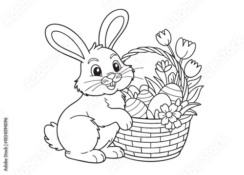 easter bunny with basket with flowers. coloring page