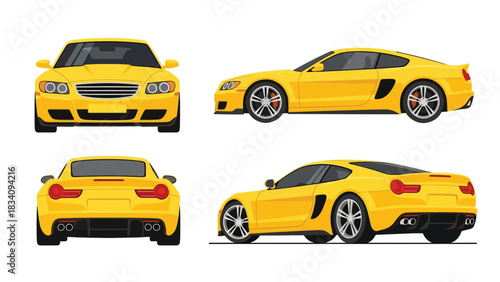 Vector art of a modern sports car shown from multiple angles, emphasizing its aerodynamic body, dynamic styling, and high-performance appeal for automotive design, marketing, and transportation