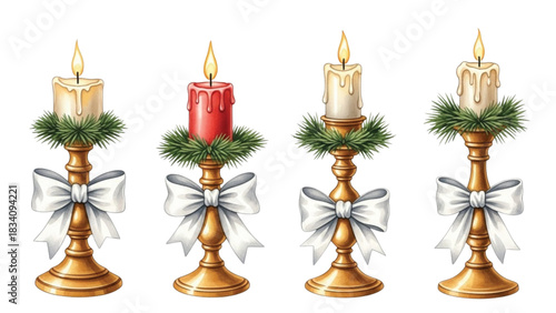 Watercolor Christmas Candles on Golden Holders with Pine and White Bows Illustration