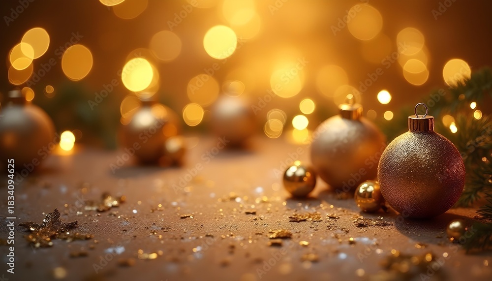 Fototapeta premium luxury Christmas background, elegant gold ornaments, sparkling bokeh lights, soft glowing snowflakes, shimmering metallic textures, warm golden tones, high-end festive design, ultra-detailed, studio