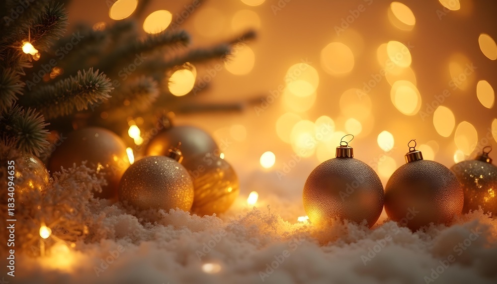 Fototapeta premium luxury Christmas background, elegant gold ornaments, sparkling bokeh lights, soft glowing snowflakes, shimmering metallic textures, warm golden tones, high-end festive design, ultra-detailed, studio