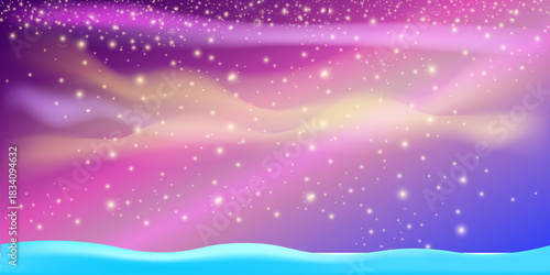 Realistic cartoon Christmas snow hills with falling snowflakes and northern lights background. Winter wide landscape design element with blue snow. Minimal north pole composition with snowy fields