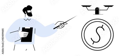 Finance, legal compliance, economic balance, decision making, financial services, education. A man pointing at a scale with a dollar symbol. Finance and legal compliance illustrated