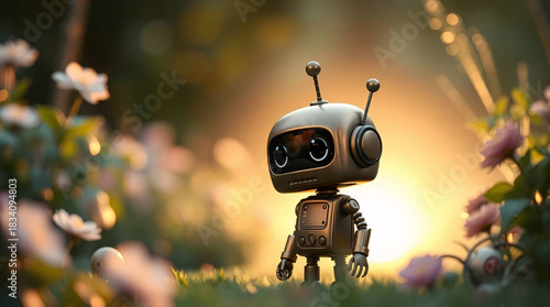 Friendly, cute little Robot in a Flower Field